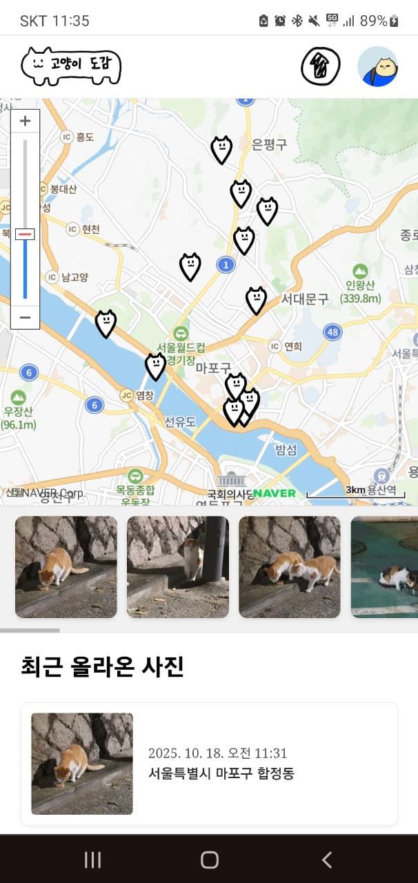 지도 기반 길냥이 도감 앱 스크린샷